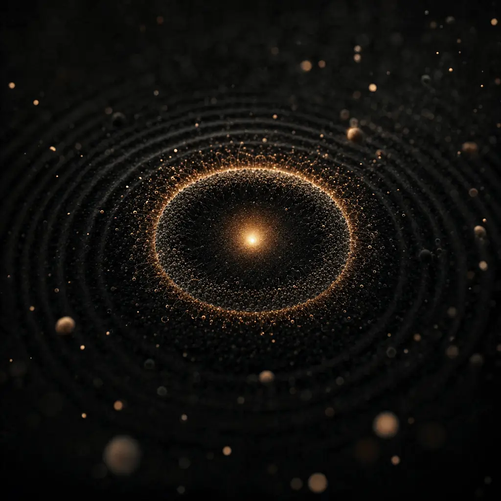 A top-down interference field of drifting coherence bands with amber wavefronts expanding from emitters